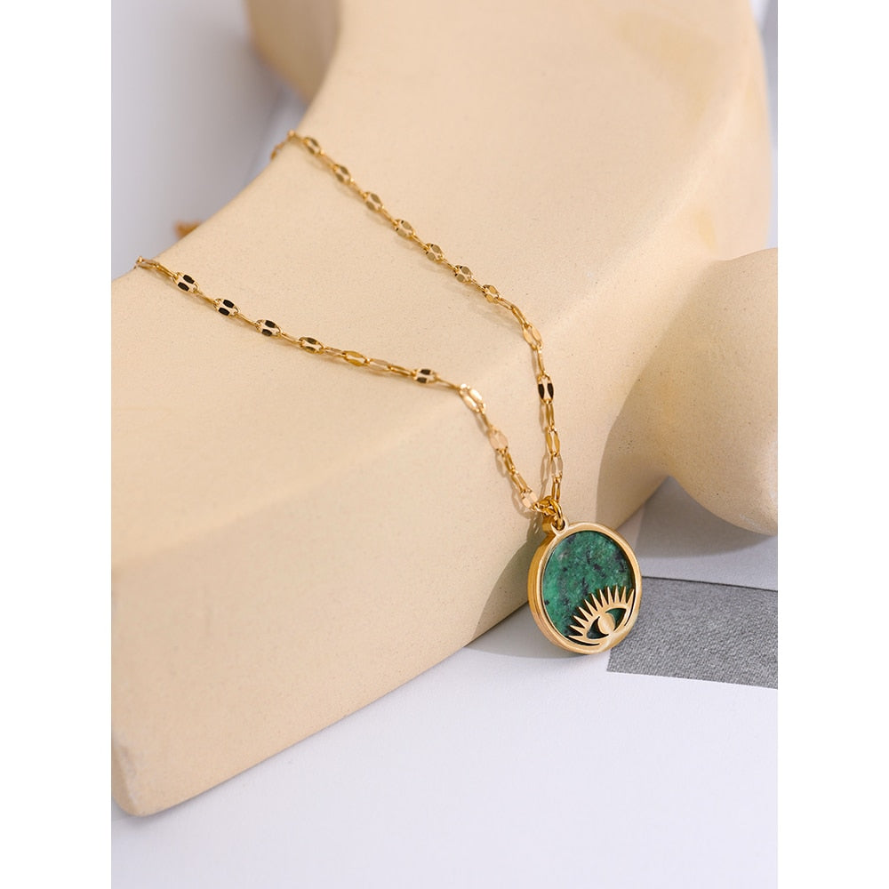 Colar Olho Grego Pedra Verde Ouro 18k